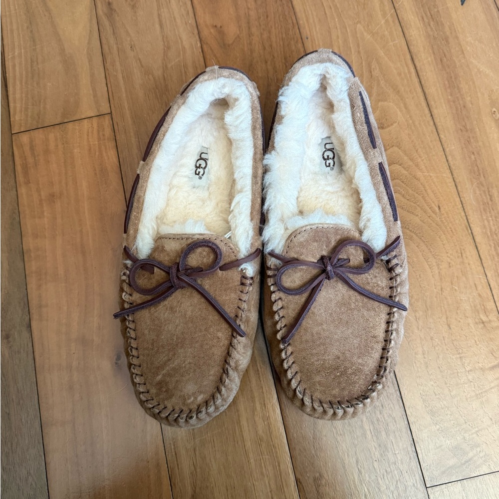 SOLD UGG Cream and Tan Plush Lined Moccasin Slippers